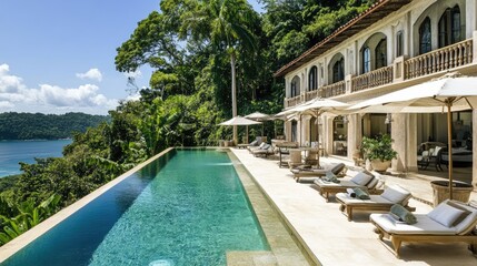 Fototapeta premium A tropical luxury estate with a stunning oceanfront infinity pool.