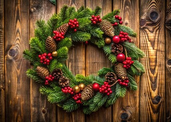 Rustic Christmas Wreath on Wooden Background - Festive Holiday Decoration Stock Photo