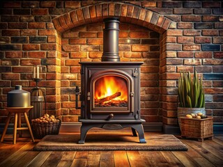 Rustic Charm: Old Wood Stove on Brick Hearth in Cozy Room