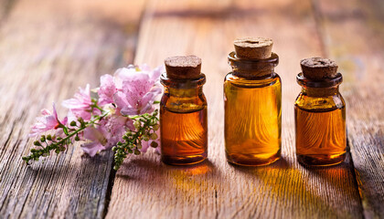 aromatherapy small glass bottles with sprigs of flowers