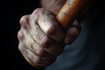 A close-up of a weathered hand gripping a wooden object, emphasizing strength and texture.