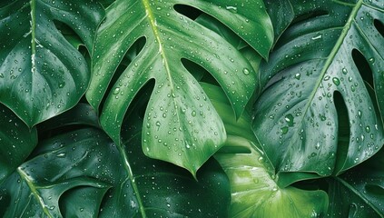 Lush Green Monstera Leaves with Dew Drops: A Tropical Paradise