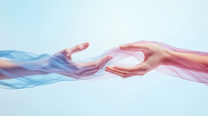 Wave of connected hands forming a fluid movement, artistic pastel blue backdrop.