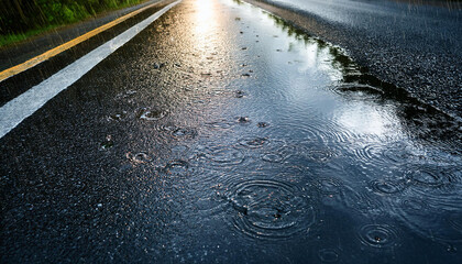 raindrops falling on wet asphalt road with reflection