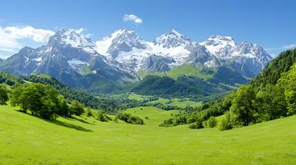 Majestic snow-capped mountains, green valley, sunny day, travel poster