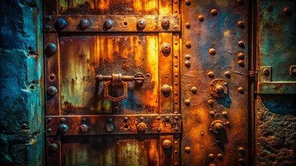 Rusty Metal Door Close-up: Rivets, Bolts, Night Photography Stock Photo