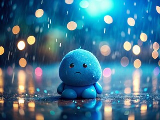 Sad Blue Blob in Rain - Bokeh Effect Stock Photo