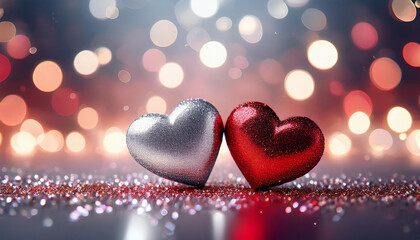 valentines day hearts two hearts red and silver glitter on shiny sparkle background with blurry bokeh lights
