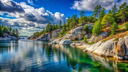 Scenic Covered Portage Bay with White Quartzite Cliffs and Pines