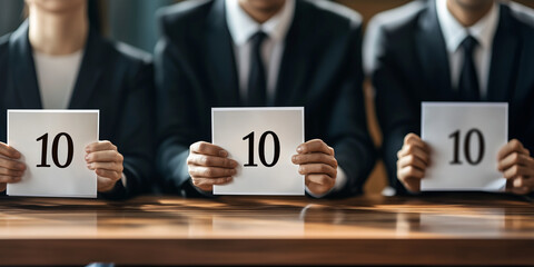 Three contest judges by the table, holding posters with number "10" on them.