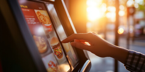 Close-up on a hand of person using touch screen to order food at fast-food restaurant. Self-service at modern cafe.