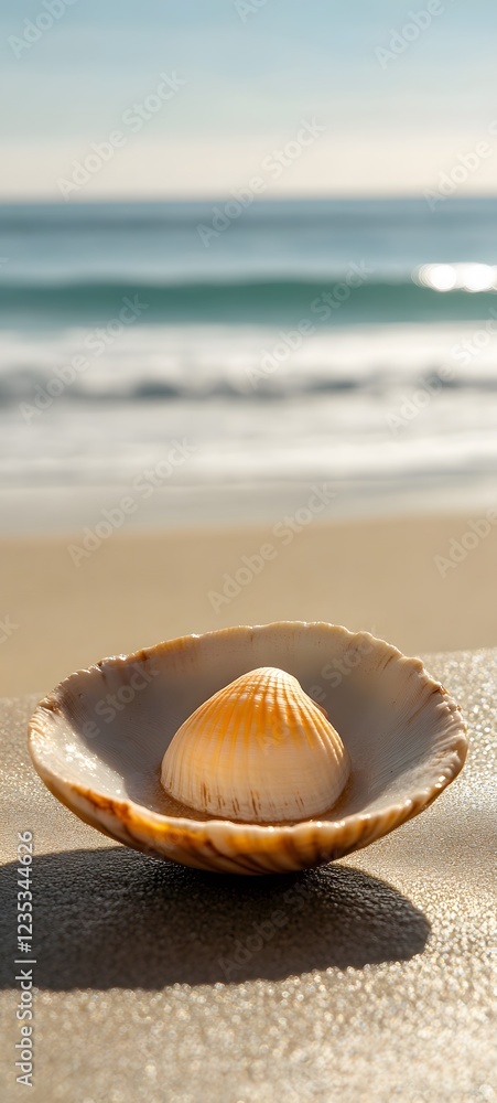 Aufkleber a close-up of a seashell on the sand with soft ocean waves in the background
