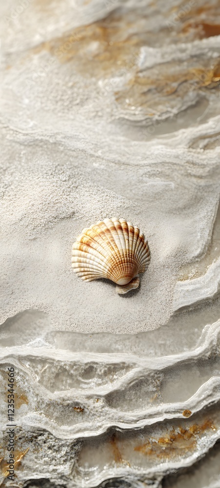 Aufkleber a close-up of a seashell on the sand with soft ocean waves in the background