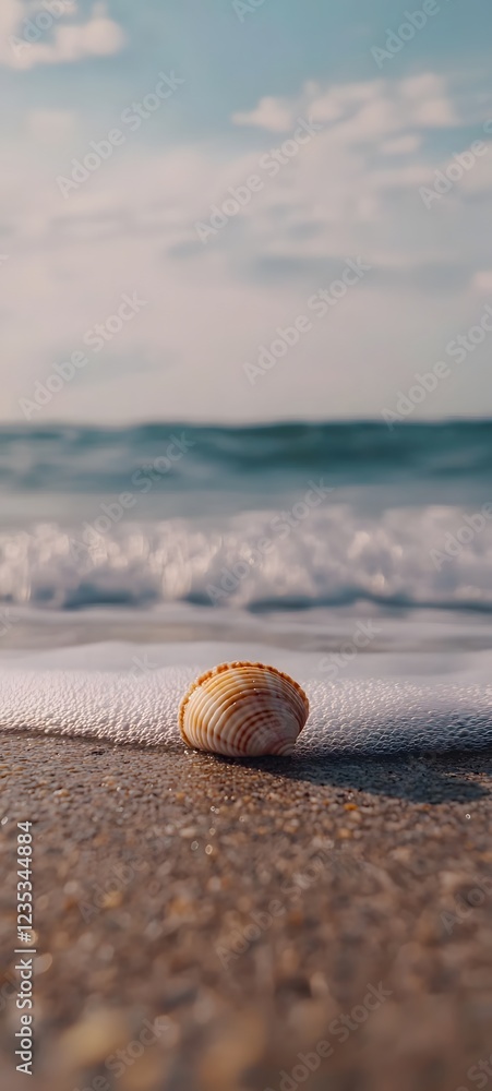 Poster a close-up of a seashell on the sand with soft ocean waves in the background