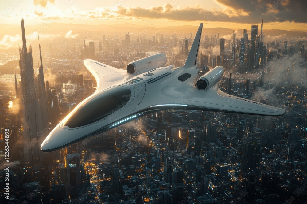 Aufkleber futuristic airplane soars above vibrant sci fi city skyline during golden hour with sleek design and