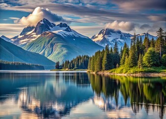 Serene Alaskan Landscape: Majestic Mountains and Tranquil Waters