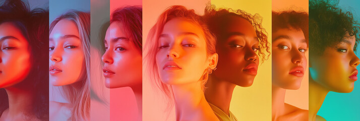 Obraz premium Group of women portraits on colorful background. Diverse ethnicity different people group headshots in collage. Tolerance and inclusion.