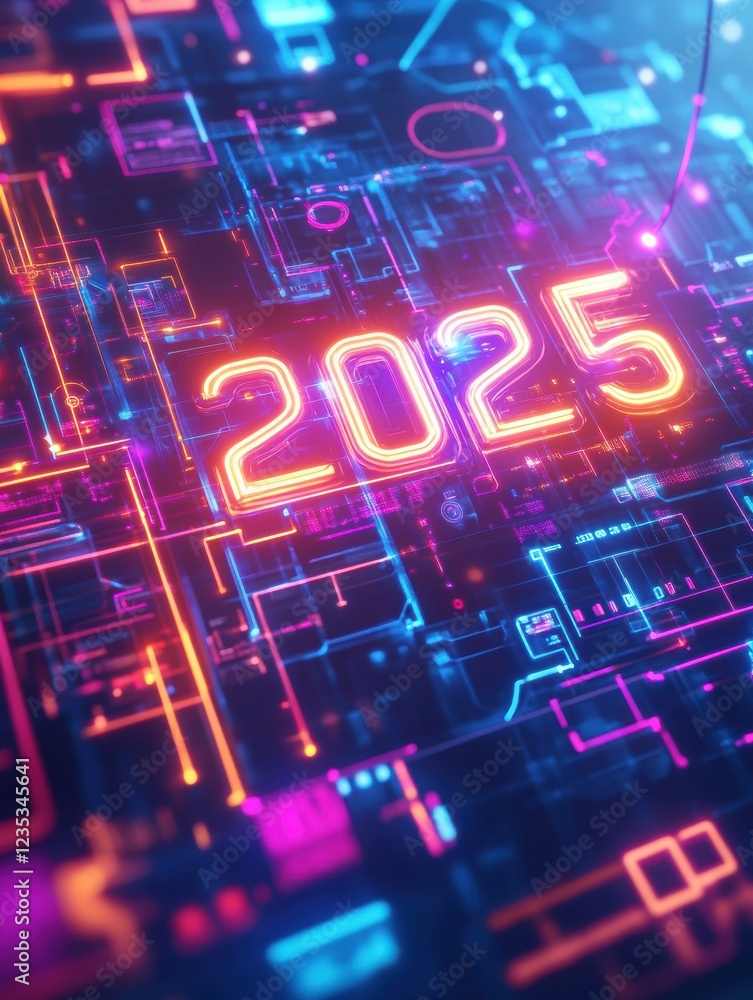 Fototapete sleek futuristic digital calendar displaying the year 2025 amidst vibrant neon circuit patterns and 