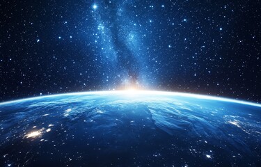 Fototapeta premium Earthrise over Milky Way, space exploration backdrop