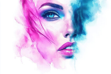 Fototapeta premium Ethereal digital painting of a woman emerging from pink and blue mist
