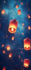 A dreamy depiction of floating lanterns in the sky, glowing against a dark blue night