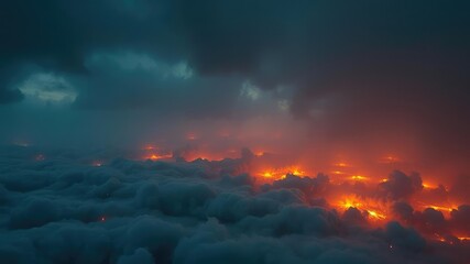 Clouds of dark grey smoke and flames that stretch across the horizon with an eerie otherworldly glow, smog, pollution cloud