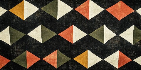 Fototapeta premium Mid-century modern textile pattern, 1964s graphic design, diamonds and triangles, scandinavian folk motifs, olive green and burnt sienna