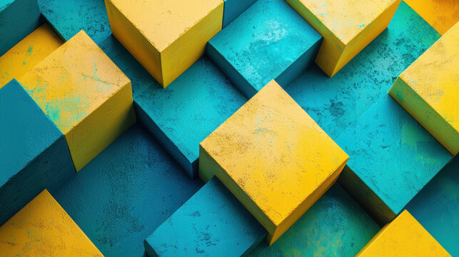 Stacked 3D cubes in teal and yellow with a textured surface