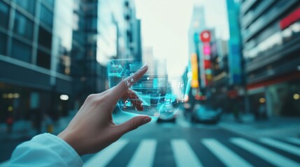 A person using augmented reality glasses to navigate city streets with real-time information, Urban navigation scene, Modern style