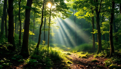 Fototapeta premium A breathtaking garden filled with vibrant, colorful flowers in full bloom, surrounded by lush greenery and towering trees. A winding stone path leads through the garden, with butterflies fluttering an