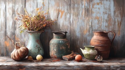 Rustic Still Life with Vintage Pottery and Autumnal Harvest