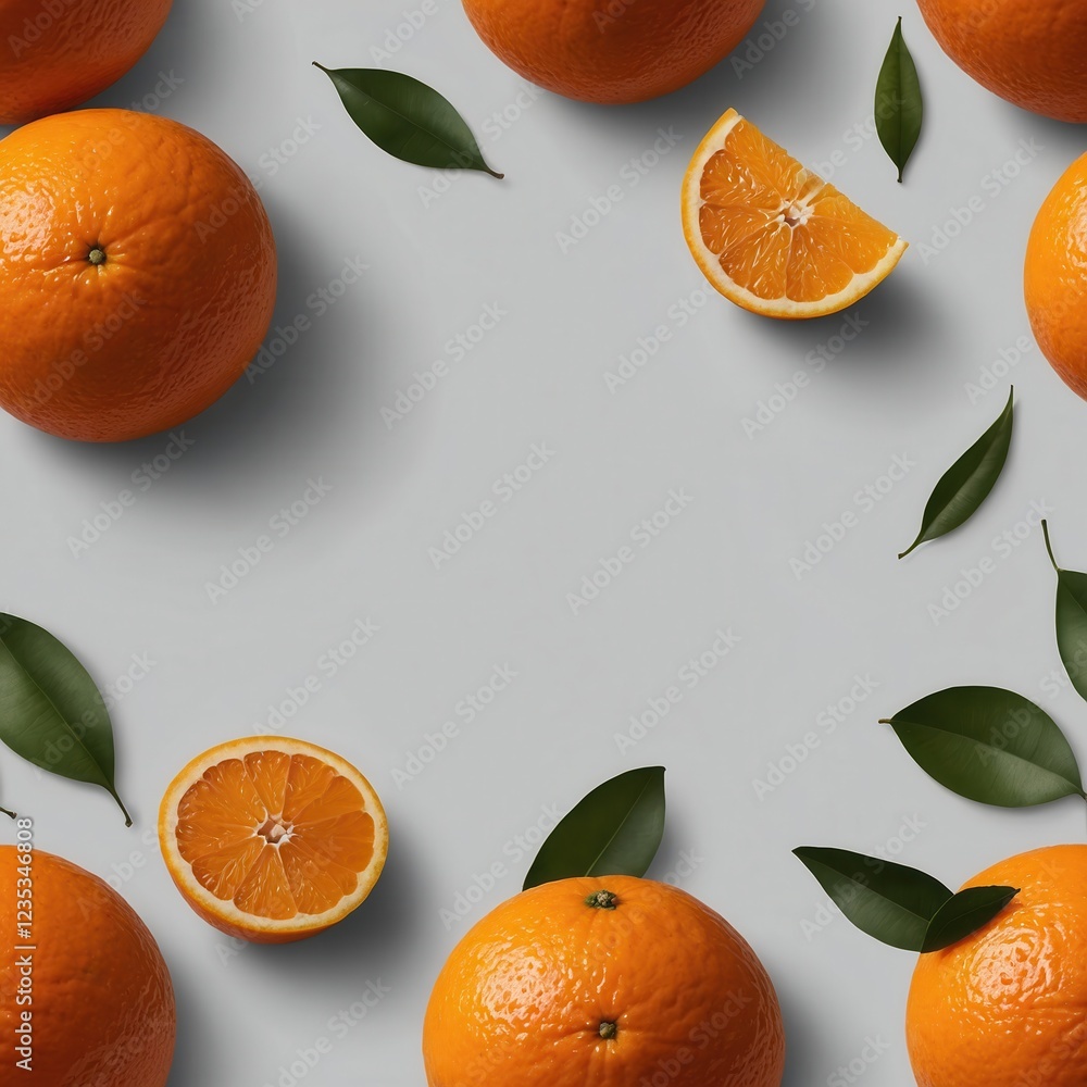 Poster fresh oranges and leaves arranged on a gray background, creating a vibrant and appetizing scene.