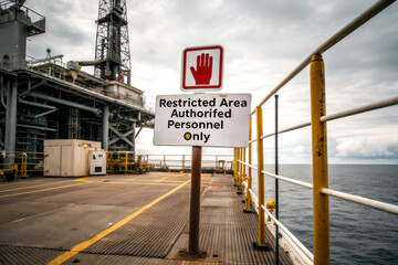 A warning sign indicating a restricted area for authorized personnel only, set against the backdrop of an offshore oil rig and the ocean.