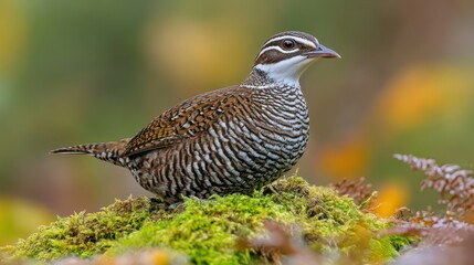 Obraz premium Chestnut-breasted Quail, forest perch, mossy ground, autumn leaves, wildlife photography