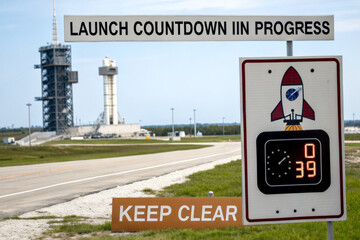 A launch countdown clock displays 39 seconds remaining, with a warning sign to keep clear at a rocket launch site.