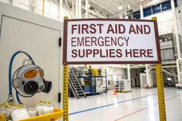 A sign indicating the location of first aid and emergency supplies, featuring a gas mask and a red cross symbol in an industrial setting.