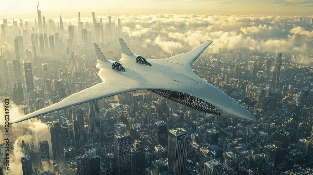 Aufkleber Futuristic airplane soaring above a vibrant cityscape in a stunning sci fi setting at dusk. Generative AI