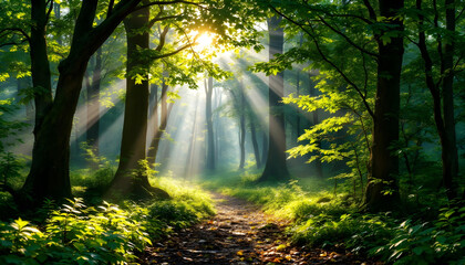 Fototapeta premium A breathtaking garden filled with vibrant, colorful flowers in full bloom, surrounded by lush greenery and towering trees. A winding stone path leads through the garden, with butterflies fluttering an