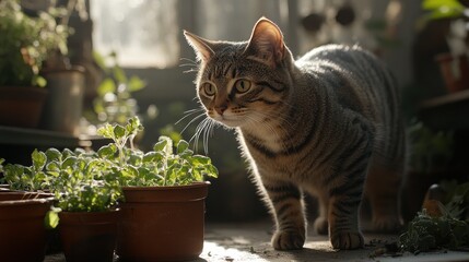 Curious cat in sunlit greenhouse