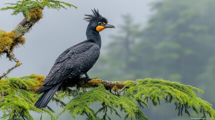 Fototapeta premium Double-crested Cormorant perched on mossy branch, misty forest background, nature photography