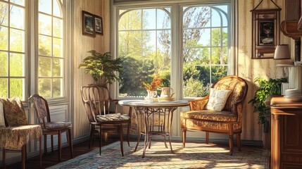 Obraz premium Sunlit Vintage Sunroom Interior with Elegant Furniture and Garden Views