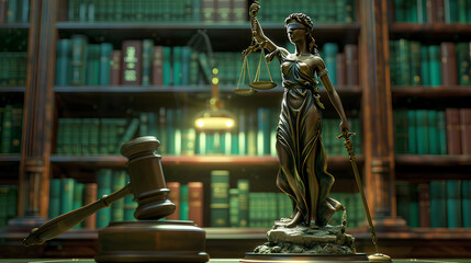 Fototapeta premium statue of Lady Justice, holding the scales in her hand and a gavel beside it, is placed in front of bookshelves, with a green table surface beneath them. creating an atmosphere of professional elegant