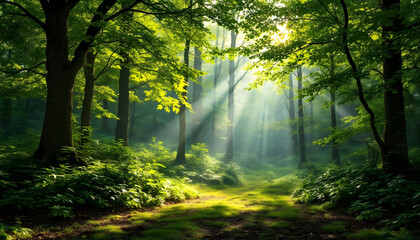 Obraz premium A breathtaking garden filled with vibrant, colorful flowers in full bloom, surrounded by lush greenery and towering trees. A winding stone path leads through the garden, with butterflies fluttering an