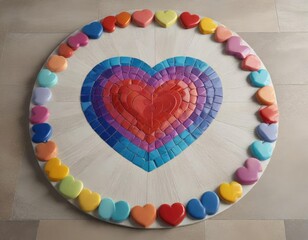 Colorful heart shapes arranged in a circular pattern on a textured ceramic tile background, ceramic, colorful, texture