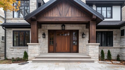 A Stunning Autumnal View Of A Luxurious Home'S Entrance, Featuring A Rustic-Modern Design With Stone And Wood Accents.
