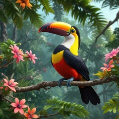 Fototapeta premium Colorful toucan bird in tree top with leaves and flowers, birdsong, outdoor landscape, colorful plumage