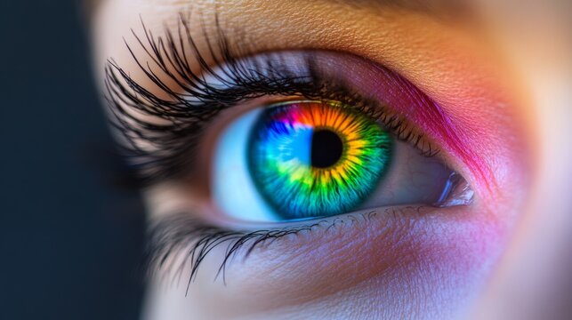 Close-Up Of A Vibrant, Rainbow-Colored Eye, Showcasing The Intricate Details Of The Iris, Eyelashes, And Surrounding Skin. The Image Evokes A Feeling Of Wonder And Surreal Beauty.