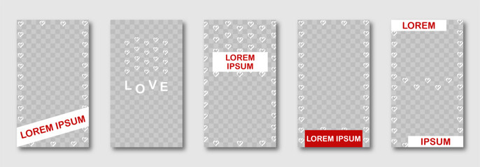 Valentine's Day social media templates design, set of background for banner, flyer, card with doodle hearts en red, white tones. vector illustration for poster, frame, stories, story post. copy space