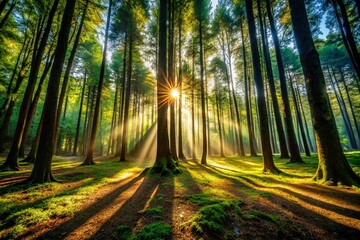 Fototapeta premium Silhouette of Tall Trees, Sunlight Dappled Forest Floor, Nature Photography