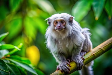 Fototapeta premium Silvery Marmoset Monkey in Rainforest Habitat - Wildlife Stock Photo
